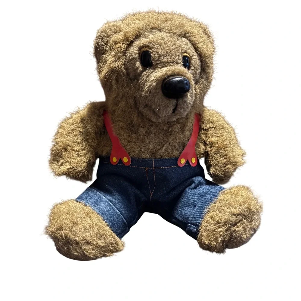 Vintage 1983 Dakin Teddy Bear Plush Denim Jeans Red Suspenders 12 Inch Retro Toy